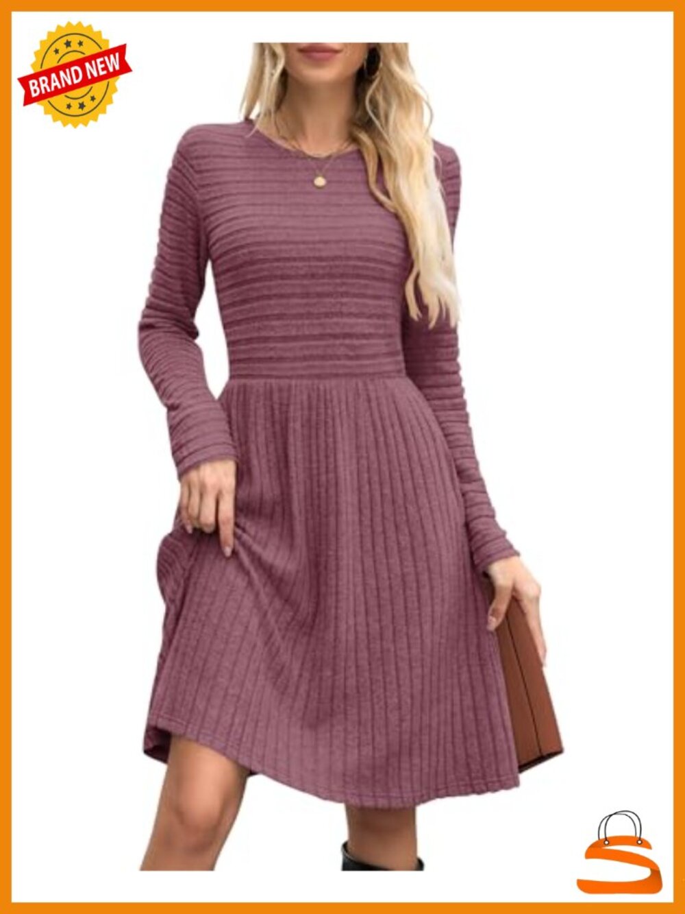 Long Sleeve Sweater Dress Midi Crewneck Side Pockets Pull On